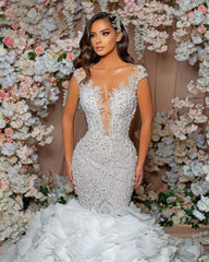 Beautiful Mermaid Tiered Beaded Short Sleeve Sweetheart Lace Wedding Dress