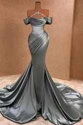 Elegant Mermaid Satin Off The Shoulder Ruffled Prom Dress with Beads