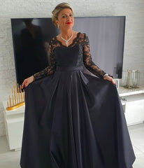 Black Lace V-neck Long Sleeve Satin Mother Of The Bride Dress Babyonlines