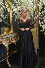 Black Lace V-neck Long Sleeve Satin Mother Of The Bride Dress Babyonlines