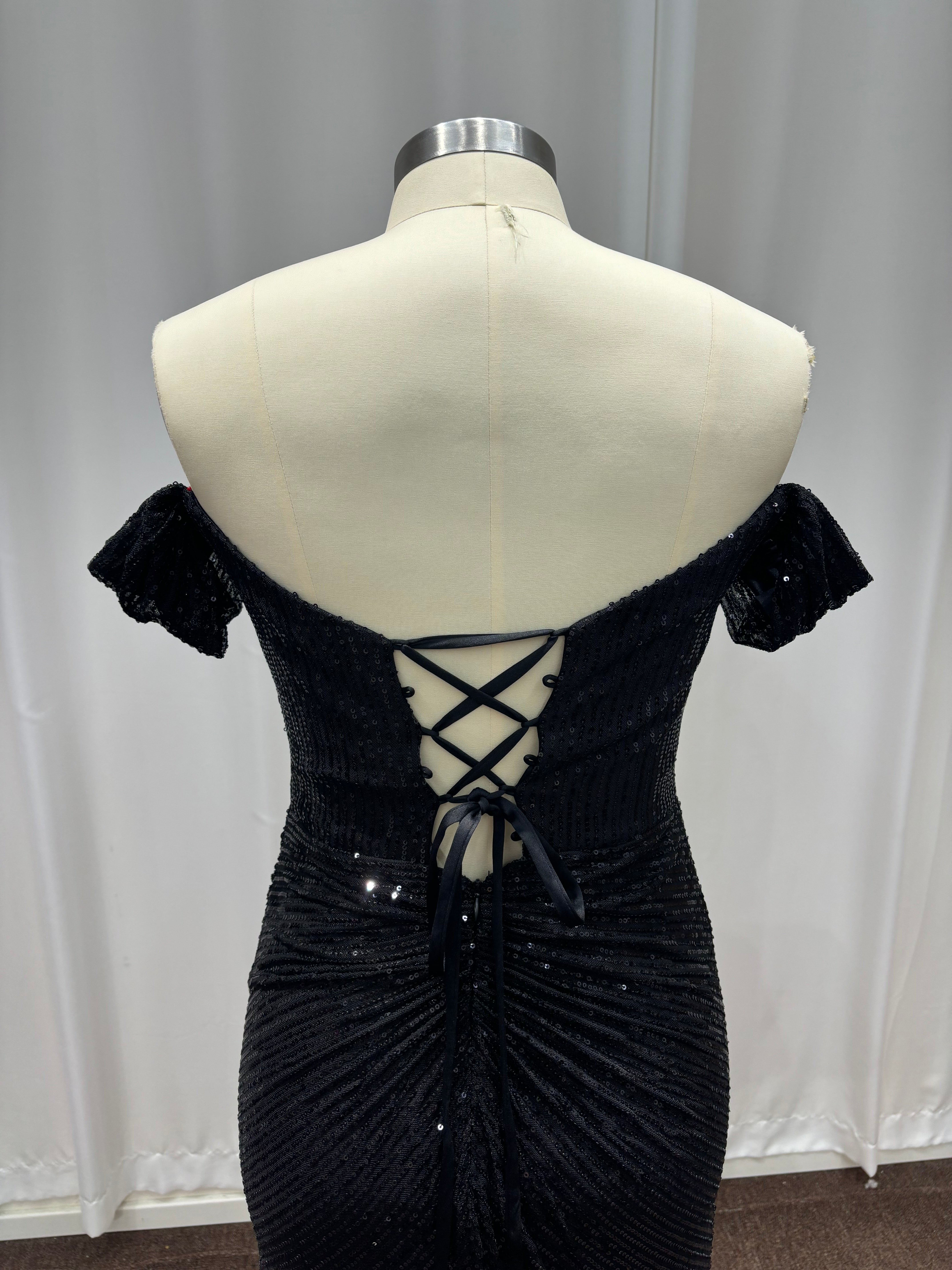 Sequined Black Long Off-the-Shoulder Mermaid Formal Prom Dresses with Slit