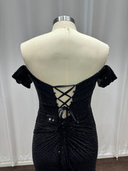 Sequined Black Long Off-the-Shoulder Mermaid Formal Prom Dresses with Slit