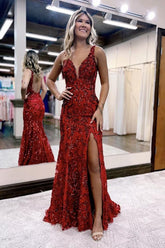 Burgundy V-neck Backless Sequin Mermaid Long Prom Dress with Slit