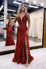 Burgundy V-neck Backless Sequin Mermaid Long Prom Dress with Slit