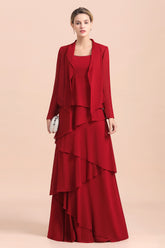 Cascading Ruffles Red Chiffon Mother Of The Bride Dresse with Jacket Babyonlines
