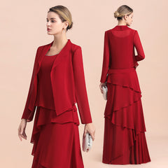 Cascading Ruffles Red Chiffon Mother Of The Bride Dresse with Jacket Babyonlines