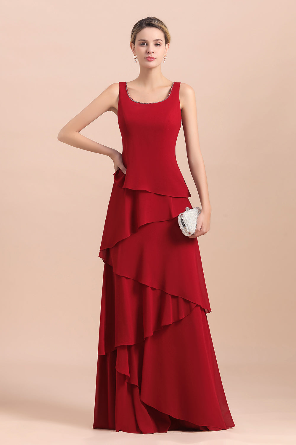 Cascading Ruffles Red Chiffon Mother Of The Bride Dresse with Jacket Babyonlines
