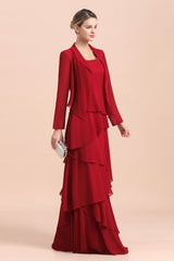 Cascading Ruffles Red Chiffon Mother Of The Bride Dresse with Jacket Babyonlines