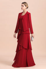 Cascading Ruffles Red Chiffon Mother Of The Bride Dresse with Jacket Babyonlines