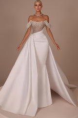 Chic Off The Shoulder Mermaid Satin Sequined Long Wedding Dress with Train