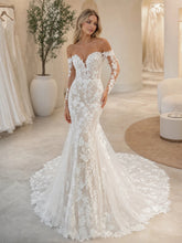 Elegant Off Shoulder Notched Illusion Long Sleeve Mermaid Lace Wedding Dress