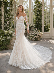 Elegant Off Shoulder Notched Illusion Long Sleeve Mermaid Lace Wedding Dress