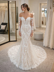 Elegant Off Shoulder Notched Illusion Long Sleeve Mermaid Lace Wedding Dress