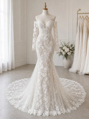 Elegant Off Shoulder Notched Illusion Long Sleeve Mermaid Lace Wedding Dress