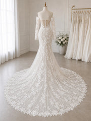 Elegant Off Shoulder Notched Illusion Long Sleeve Mermaid Lace Wedding Dress