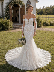 Elegant Off Shoulder Notched Illusion Long Sleeve Mermaid Lace Wedding Dress