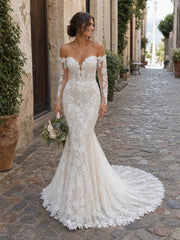 Elegant Off Shoulder Notched Illusion Long Sleeve Mermaid Lace Wedding Dress