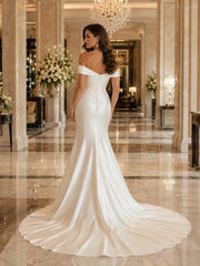 Minimalist Off Shoulder Satin Mermaid Wedding Dress with Chapel Train Bridal Gown