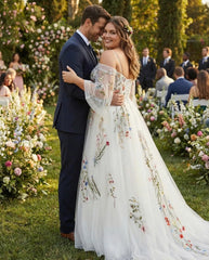 Ethereal Wildflower Embroidered Tulle Wedding Dress Off Shoulder Sleeves