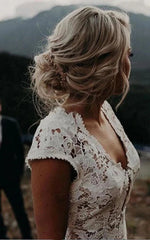 Boho Lace Cap Sleeve Vintage Wedding Dress Simple Country Sheath Bridal Gown