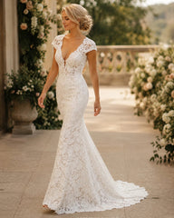 Boho Lace Cap Sleeve Vintage Wedding Dress Simple Country Sheath Bridal Gown