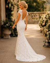 Boho Lace Cap Sleeve Vintage Wedding Dress Simple Country Sheath Bridal Gown