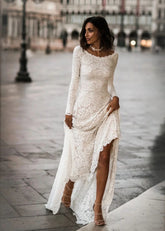 Long Sleeve Lace Boho Wedding Dress Simple Ivory Bridal Gown