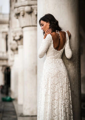 Long Sleeve Lace Boho Wedding Dress Simple Ivory Bridal Gown