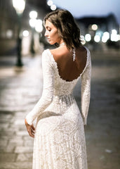 Long Sleeve Lace Boho Wedding Dress Simple Ivory Bridal Gown