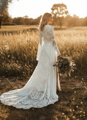 White Lace Boho Maxi Wedding Dress Long Bell Sleeves High Slit