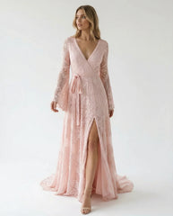 White Lace Boho Maxi Wedding Dress Long Bell Sleeves High Slit