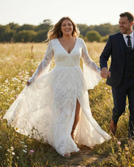White Lace Boho Maxi Wedding Dress Long Bell Sleeves High Slit