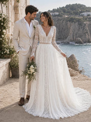 Modest Long Sleeve Simple Wedding Dress Lace Boho Courthouse Bridal Gown