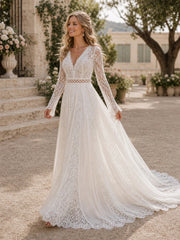 Modest Long Sleeve Simple Wedding Dress Lace Boho Courthouse Bridal Gown