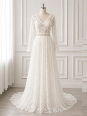 Modest Long Sleeve Simple Wedding Dress Lace Boho Courthouse Bridal Gown