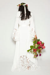 Boho Plus Size White Lace Wedding Dress Bell Sleeves Maxi Casual 1970s Women Gown