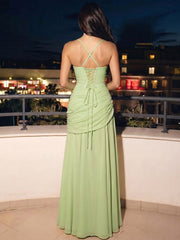 A Line Princess Evening Dresses Ruched Chiffon Spaghetti Straps Square Neck Floor Length Criss Cross Straps Wedding Guest Dress