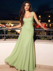A Line Princess Evening Dresses Ruched Chiffon Spaghetti Straps Square Neck Floor Length Criss Cross Straps Wedding Guest Dress