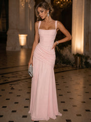 A Line Princess Evening Dresses Ruched Chiffon Spaghetti Straps Square Neck Floor Length Criss Cross Straps Wedding Guest Dress