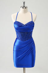 Sparkly Satin Corset Bodycon Mini Homecoming Dress with Spaghetti Straps and Lace Up Back