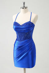 Sparkly Satin Corset Bodycon Mini Homecoming Dress with Spaghetti Straps and Lace Up Back