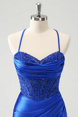 Sparkly Satin Corset Bodycon Mini Homecoming Dress with Spaghetti Straps and Lace Up Back
