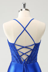 Sparkly Satin Corset Bodycon Mini Homecoming Dress with Spaghetti Straps and Lace Up Back