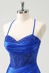 Sparkly Satin Corset Bodycon Mini Homecoming Dress with Spaghetti Straps and Lace Up Back