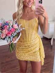 Sheath Column Sweetheart Sequin Homecoming Dress with Sash, Corset Detail and Back Zipper