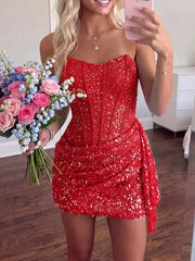 Sheath Column Sweetheart Sequin Homecoming Dress with Sash, Corset Detail and Back Zipper