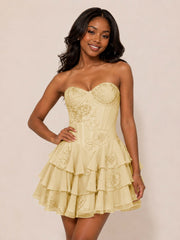 Floral Embroidery Strapless Corset Mini Homecoming Dress