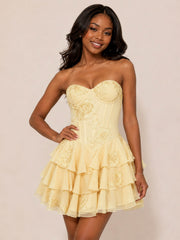 Floral Embroidery Strapless Corset Mini Homecoming Dress