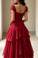 Burgundy Sparkly Sequined Cap Sleeve Tiered Chiffon Ruched Bodice Long Prom Dress