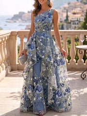 A Line Princess One Shoulder Sleeveless Floor Length Embroidered Ruffle Pleat Mother of the Bride Dress